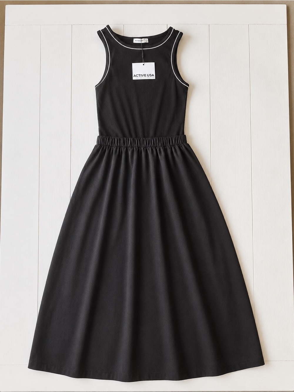 Active USA Black Ribbed Bodice Contrast Trim Maxi Dress NWT S